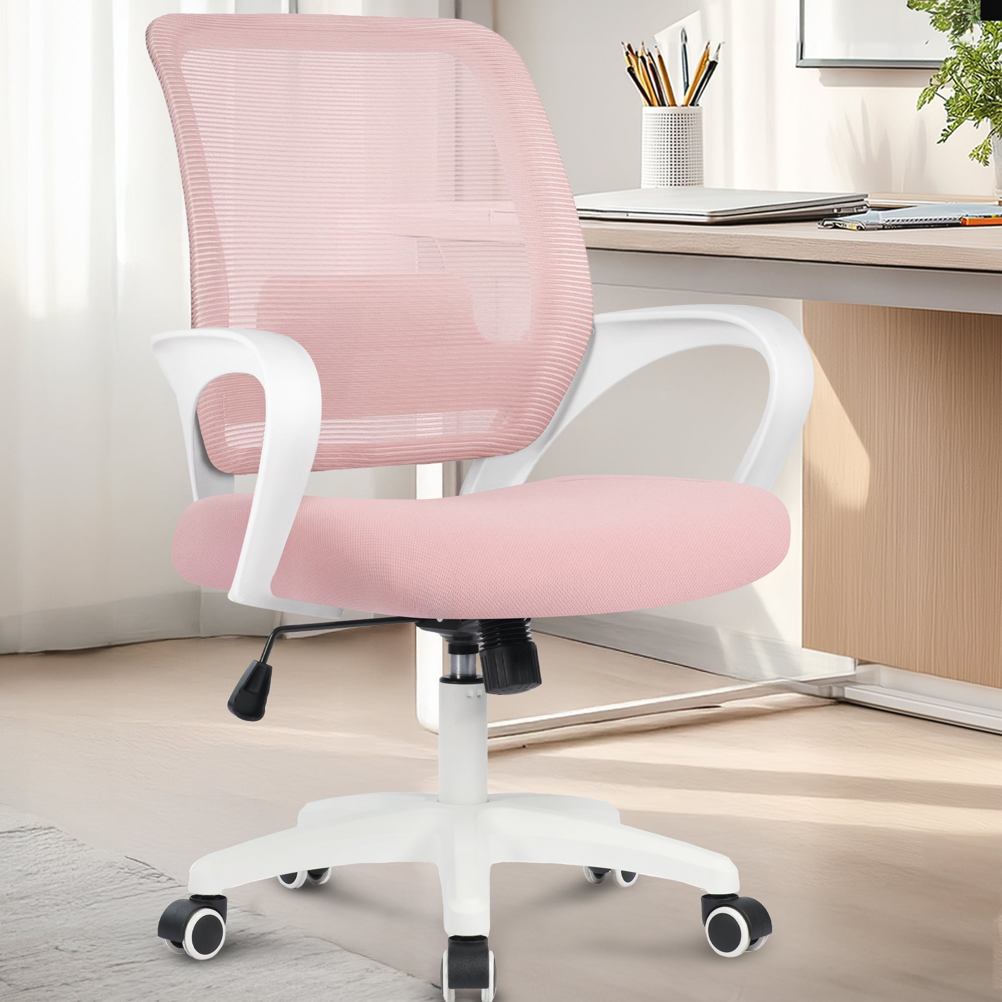 NEO CHAIR Ergonomic Office Chair, Lumbar Support Mid Back, Mesh Home Office Computer Desk Chair with Armrests, Pink