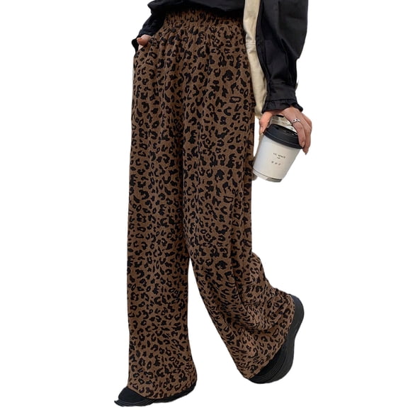 Women's Dark Brown Leopard Print High Waist Corduroy Wide Leg Pants [ZhiHiMeRi] | XL