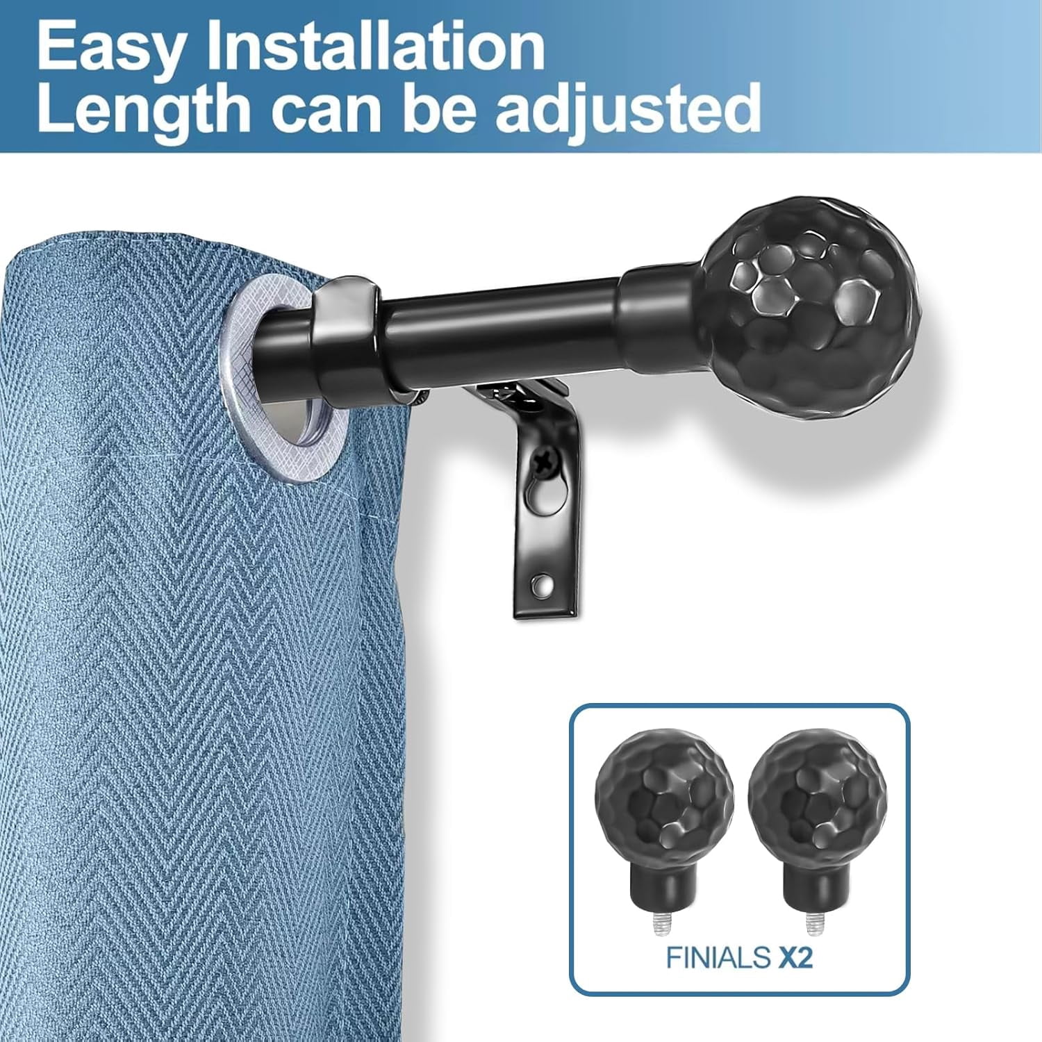 Urbanest Adjustable Single Curtain Rod Set Hammered Ball Finials – 3/4-Inch Diameter, With Black Rod, 28–48 Inches