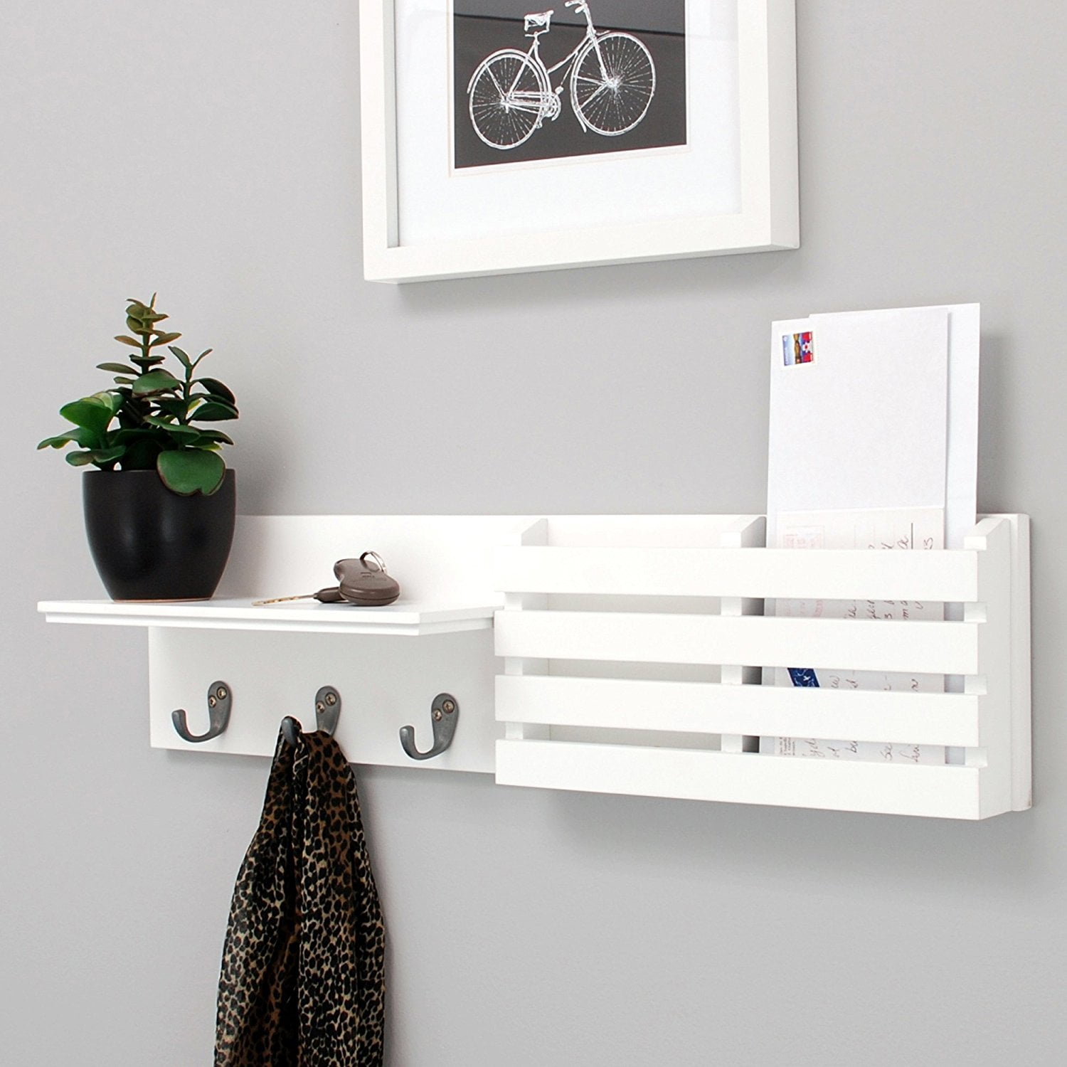 Wall Shelf and Mail Holder with 3 Hooks 24-Inch by 6-Inch White 