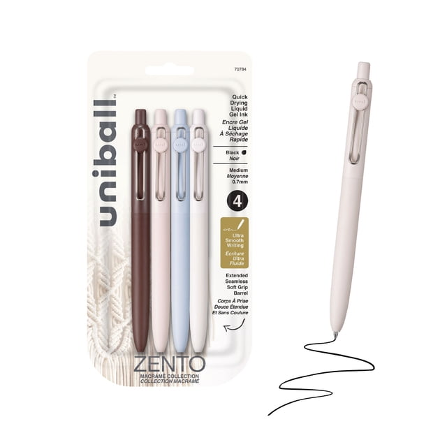 uniball™ Zento Retractable Liquid Gel Pens, 0.7mm Medium Point, Black Ink, Macrame Barrel Colors, 4 Count – Smooth, Quick-Drying Gel Ink