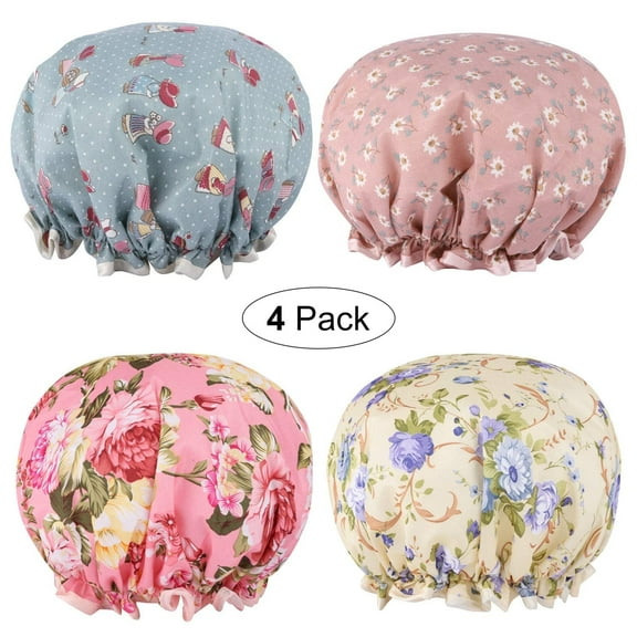 Amerteer 4 Pack Shower Caps for Women and Girl, Bath Cap Waterproof Double Layers Reusable for Women Hair Protection EVA Plastic Lace Elastic Band Hat Environmental