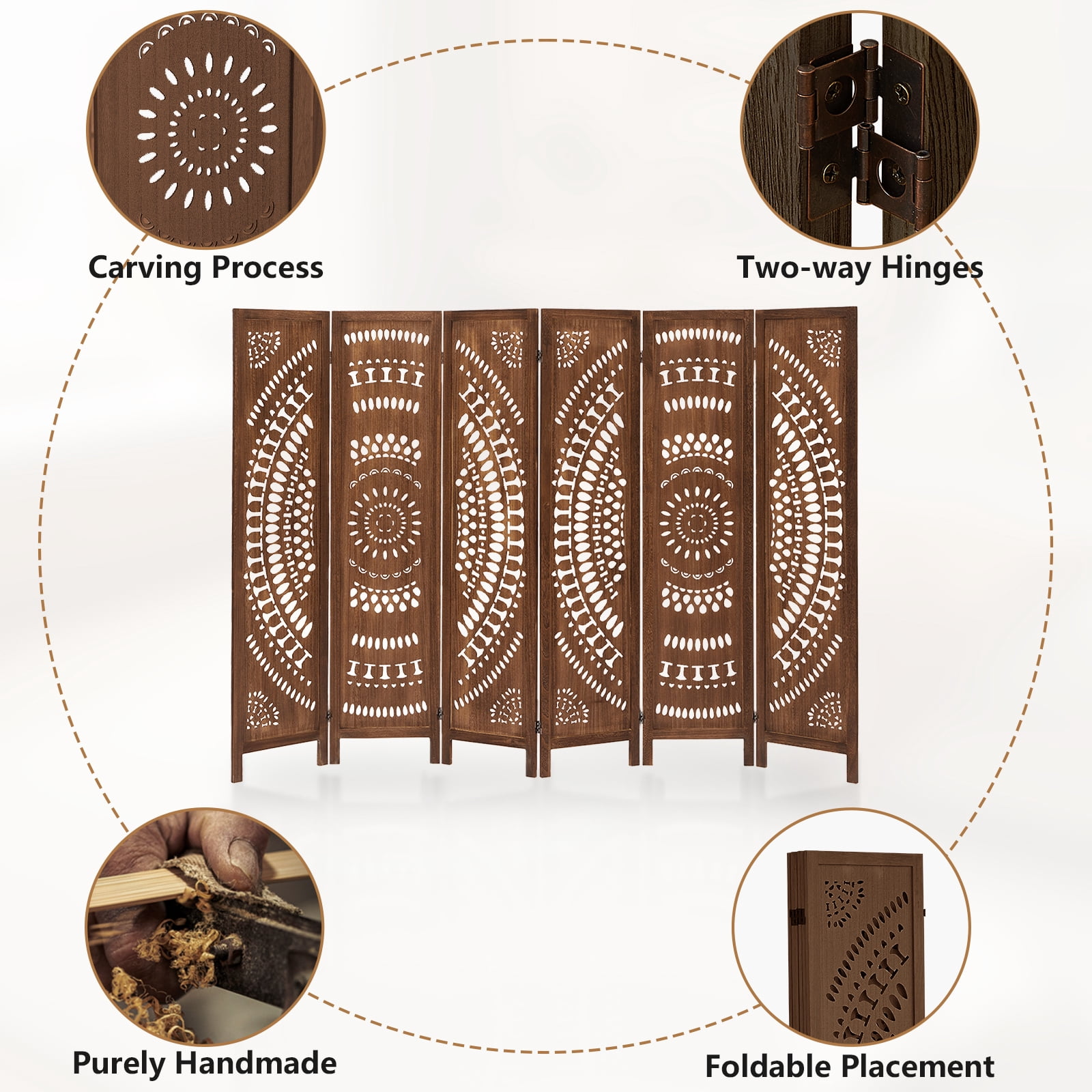 Aletheiawu 6 Panel Wood Carved Room Dividers and Folding Screens, No Mounting Require, Dark Brown