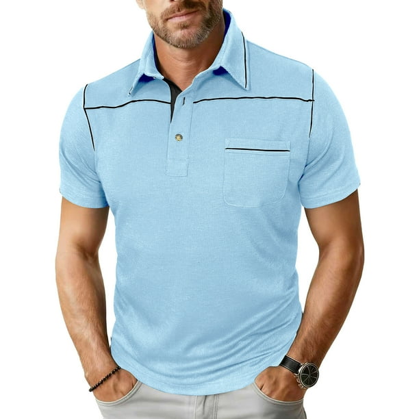 Blusa y camisa de manga corta con cuello vuelto para hombre, blusa de manga corta de color liso con botones y bolsillo y cuello vuelto, blusa de poliéster para hombre