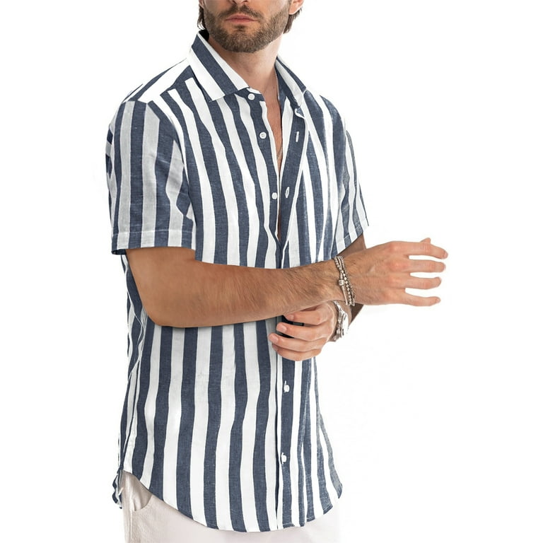  Men's Casual Short Sleeve Button Down Striped Shirt