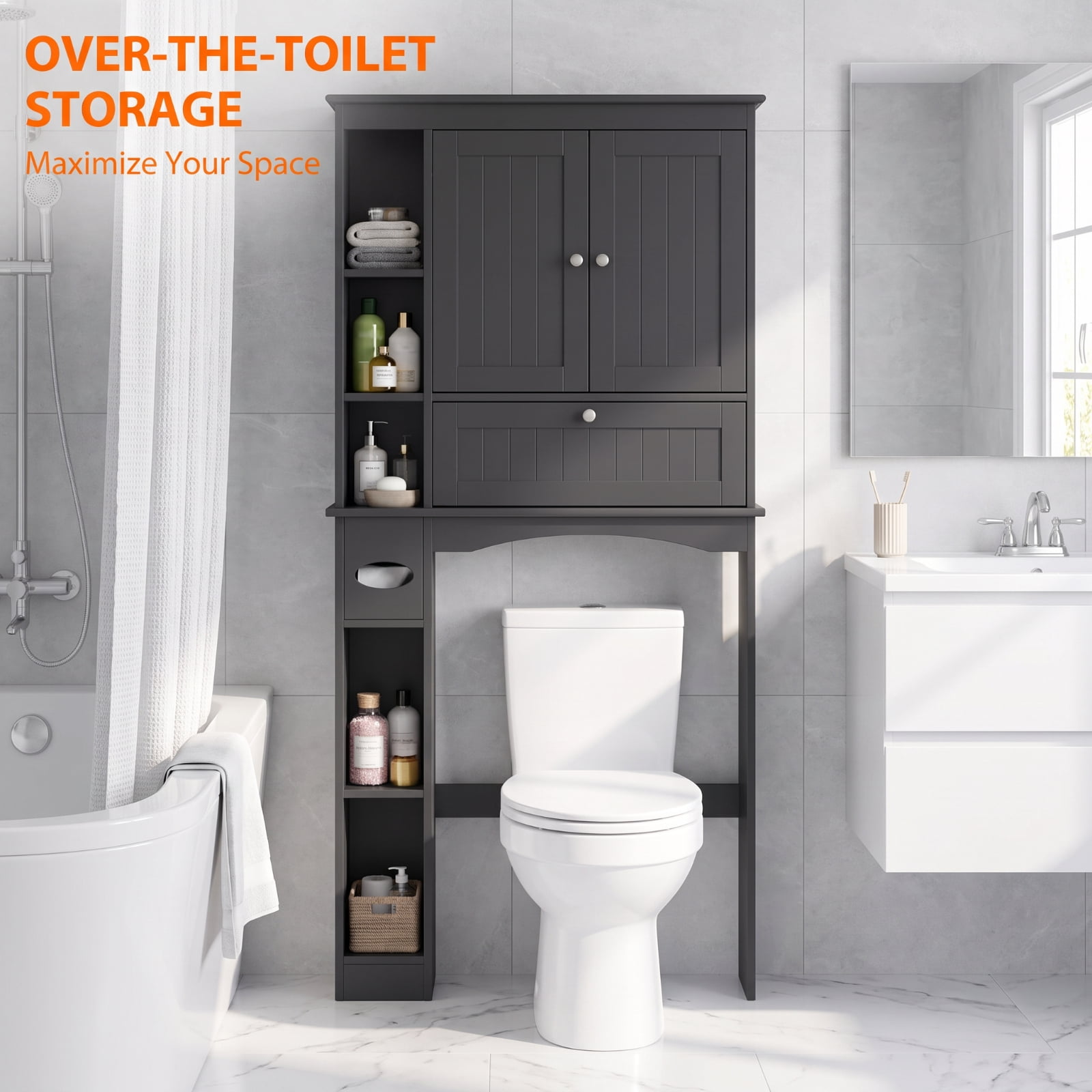 Vebreda Over-the-Toilet Storage Cabinet, Freestanding Bathroom Space Saver with 2 Cabinets, 5 Open Compartments and Height-Adjustable Bottom Bar, Tissue Box Slot, White and Black