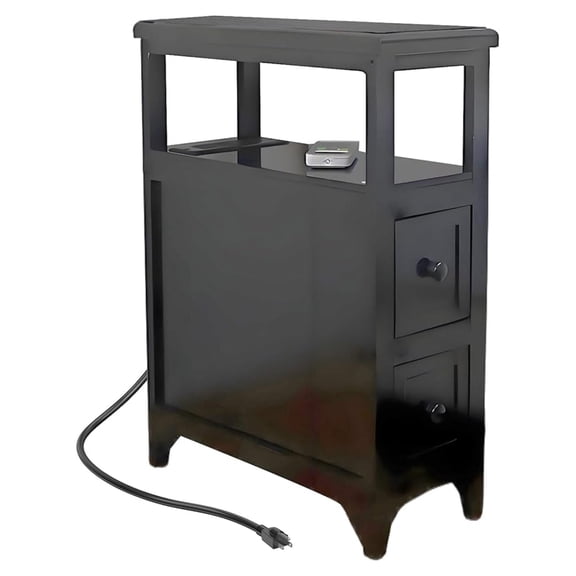Narrow End Table with Charging Station, Night Stand with Drawers, Wooden Bedside Stand, Skinny Bedstand (1, Black, 8")