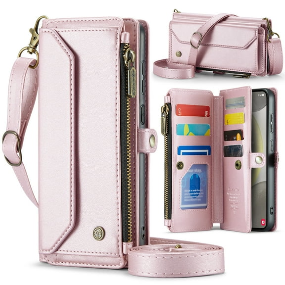 Allytechgroup Crossbody Wallet Case for Samsung Galaxy S24, Shoulder Strap Hand Wrist Cards Slots RFID Blocking Large Capacity Zipper Pocket Shockproof Phone Case for Girls Women, Pink