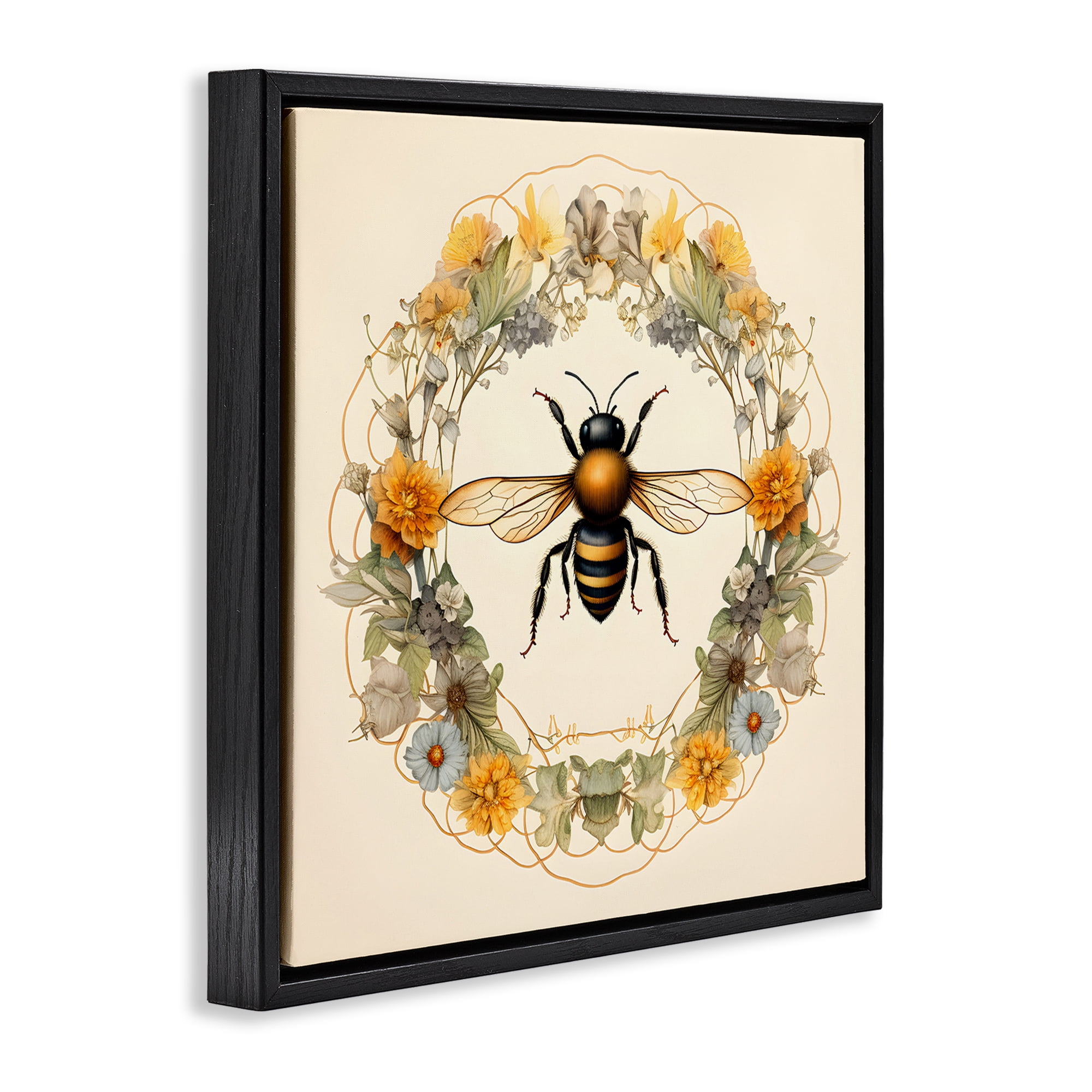 Stupell Industries Cottage Bee Wreath Animals & Insects Painting Black Floater Framed Canvas Art Print Wall Art, 18 x 18