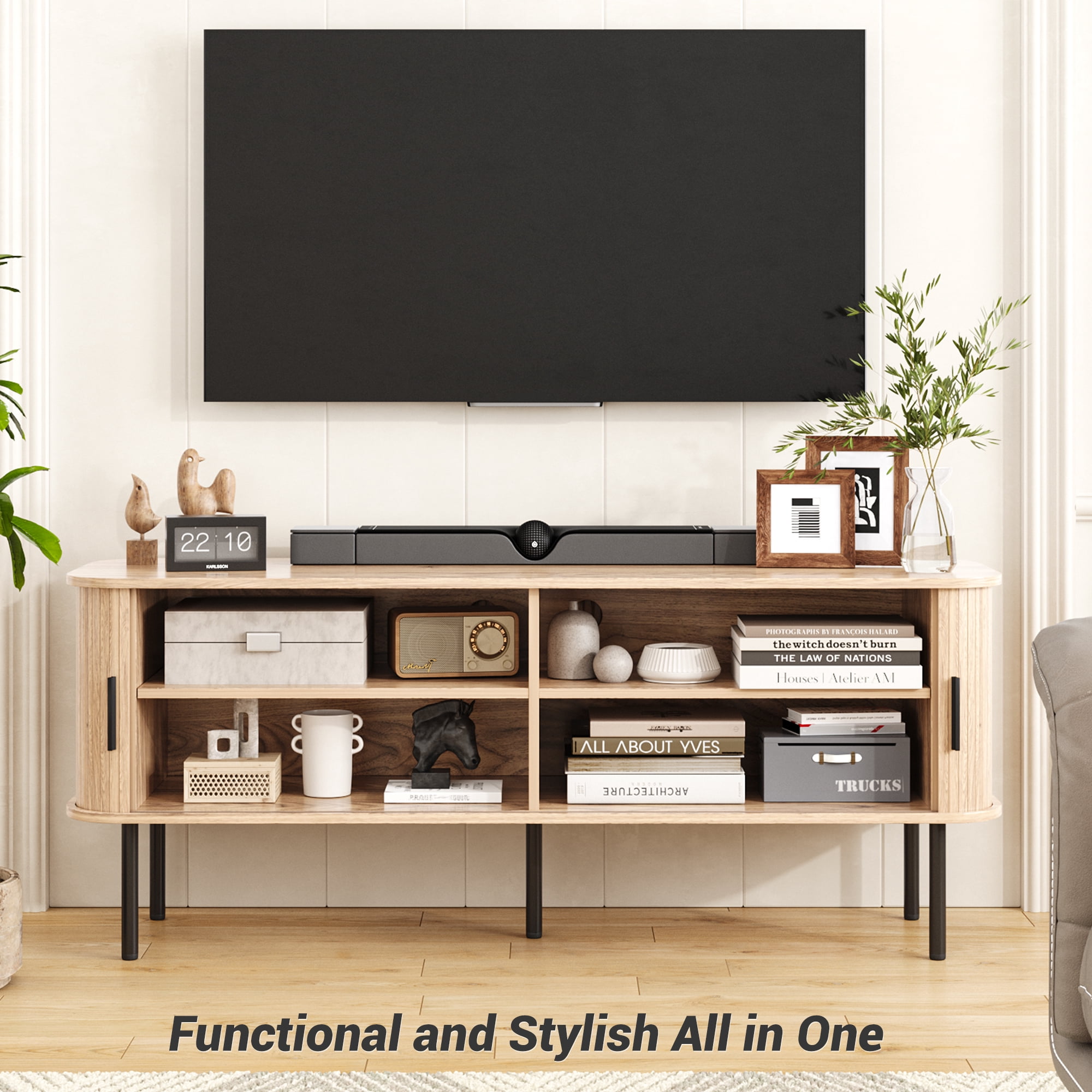 VEANERWOOD 63" TV Stand for 70" TV, Wood Entertainment Center with Storage and Shelves, 2 Sliding Tambour Doors, Mid-Century Modern,Natural
