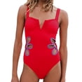 thumbnail image 2 of JIEYING Women's Solid Color Sexy V Neck Side Hollow Flower Design Momokini Swimsuit, Red M, 2 of 7
