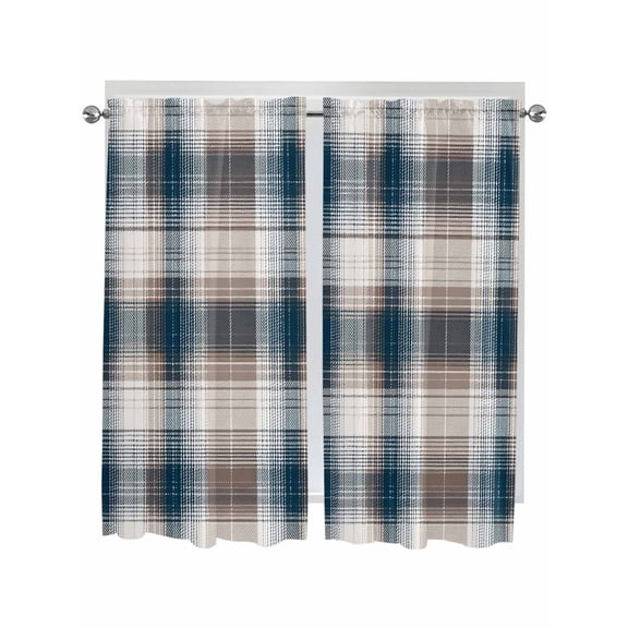 Living Room Curtains 72 Inches length, Blue Brown Plaid Window Treatment Curtain Drapes, Modern Abstract Striped Gingham Checked Light Filtering Drapes for Bedroom Laundry Room, 52"x72", 2 Panels