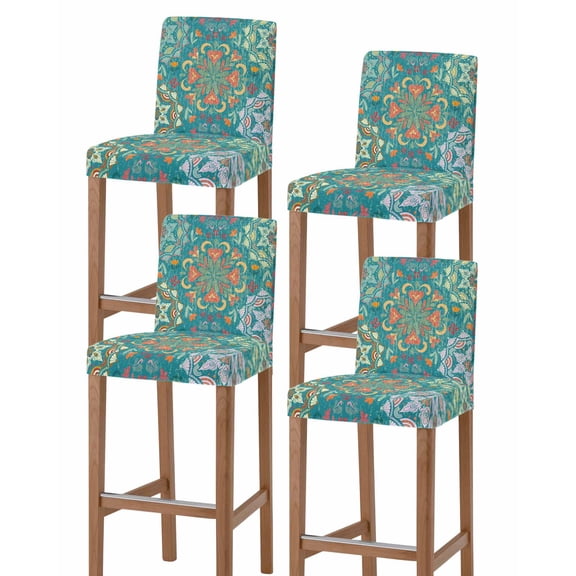 Green Boho Bar Stool Covers Set of 4, Shabby Vintage Ethnic Abstract Floral Art Stretch Washable Bar Chair Covers with Backs, Removable Pub Counter Height Chair Cover for Kitchen Dining Room Cafe
