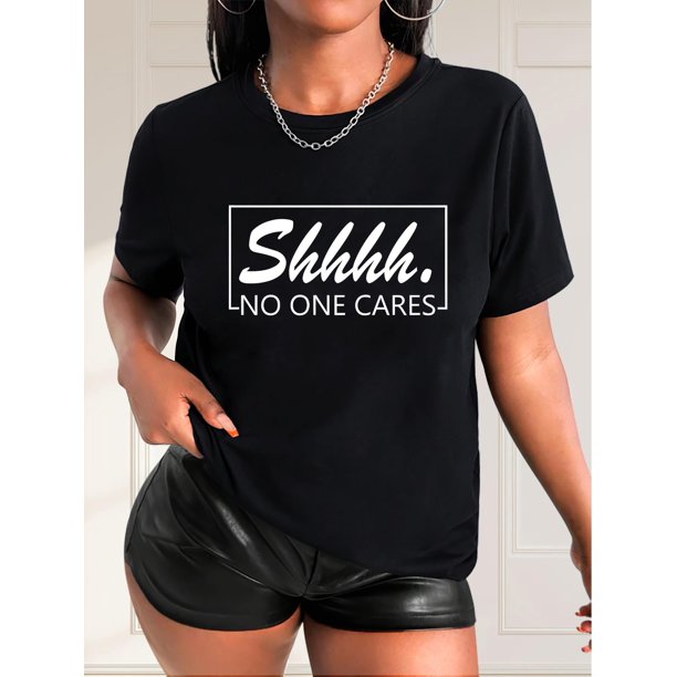 Square Frame Simple White Letter Print Black Women's Casual Fashion Top Round Neck Short Sleeve T-shirt