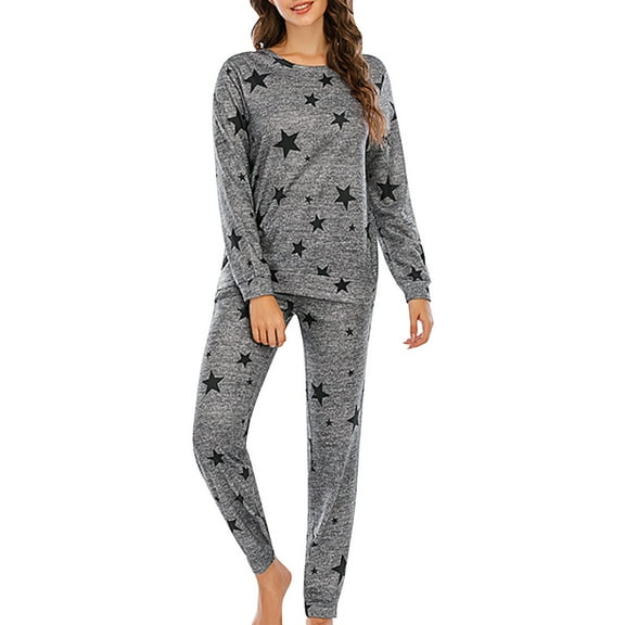 Fesfesfes Women's Elegant Homewear Five-Pointed Star Printed Casual Long Sleeve Round-Neck Blouses Pants Sets Soft Comfy Pajama Set(Dark Gray#3,M)