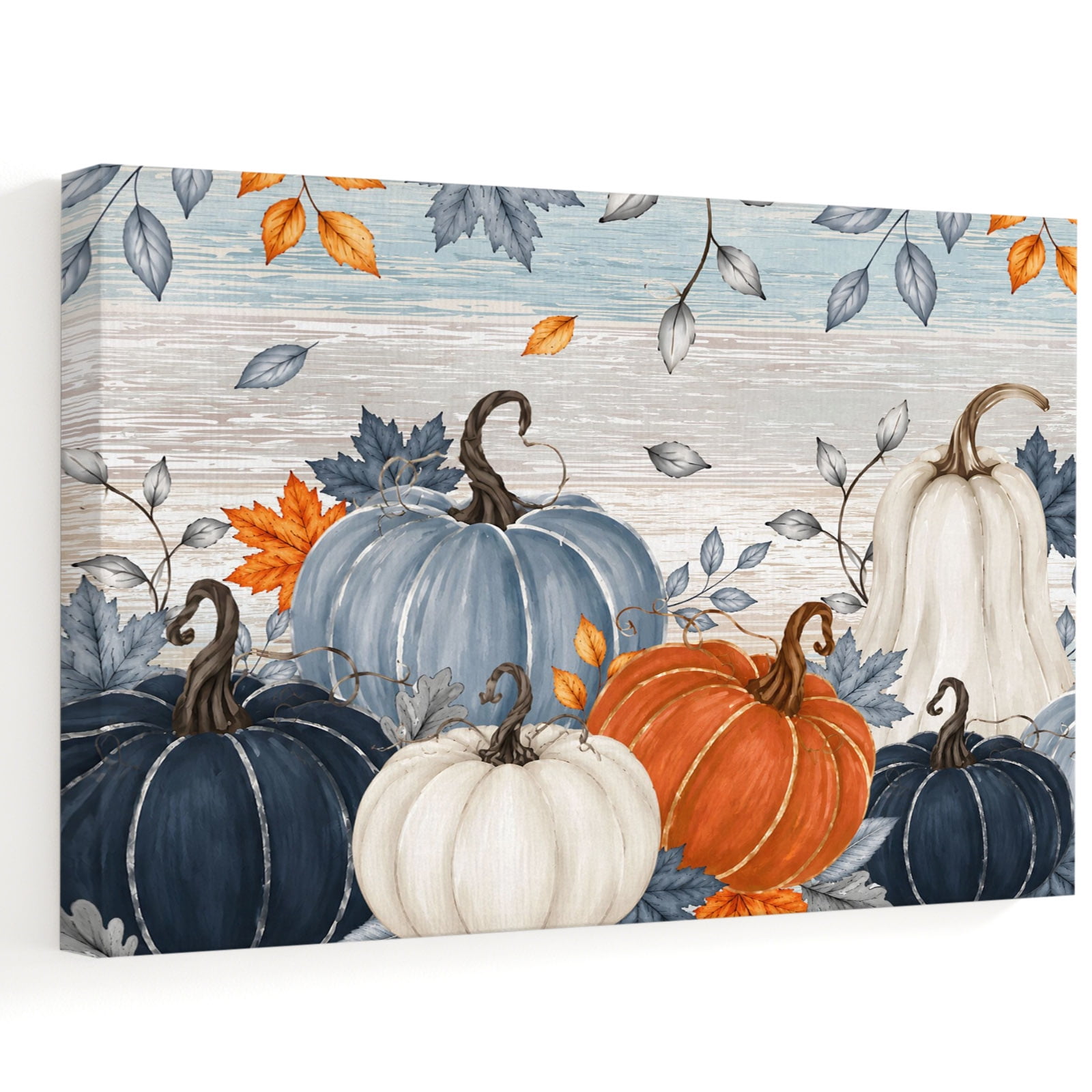 Thanksgiving Fall Canvas Wall Art Farm Vintage Blue White Orange Pumpkin Maple Leaf Wall Art Prints Artwork Framed Canvas Ready to Hang Art Pictures for Living Dining Room Bedroom Hallway 30 x 20