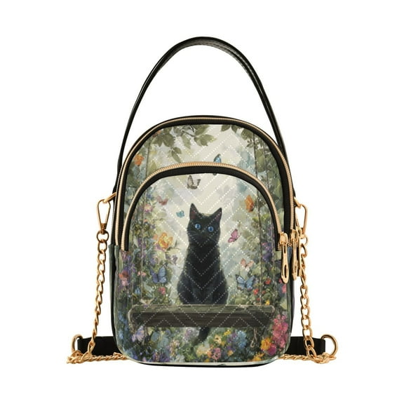 Leather Handbag Crossbody Bag Black Cat on A Swing