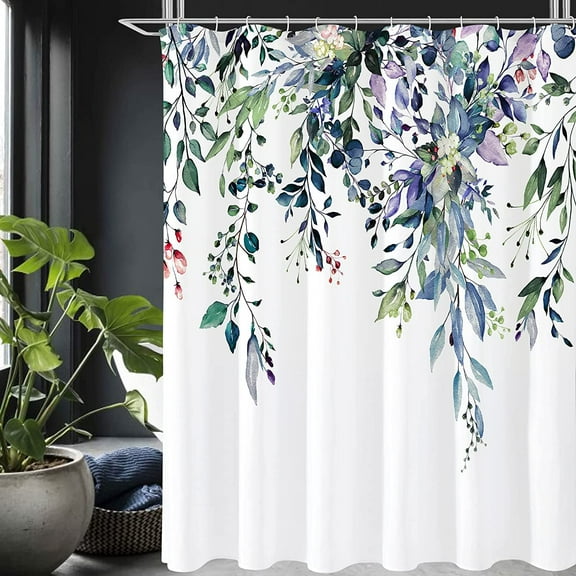 Spring Floral Shower Curtain for Bathroom, Watercolor Green Eucalyptus Leaves Plant Shower Curtain Set with Hooks, Washable Durable Polyester Fabric 72x72 Inch