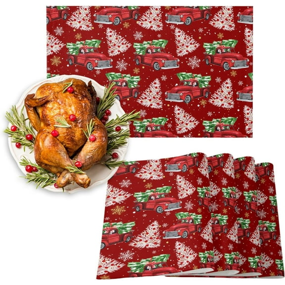 Red Truck Christmas Placemats Set of 6, Merry Christmas Tree Heat Resistant Washable Table Place Mats Winter Snowflake Cotton Table Linens Party Holiday Decor for Kitchen Dining Outdoor Indoor