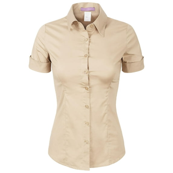 Made by Olivia Women's Junior Fit Short Sleeve Stretchy Button Down Collar Office Formal Casual Blouse Shirts Top (S-3XL)