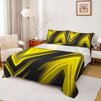 Homewish Modern Geometric Stripe Queen Sheet Sets.Abstract Waves Lines Flat Sheet,Yellow Black Queen Fitted Sheet For Boys Kids,Microfiber Bedroom Decor,4 Pieces