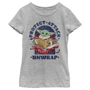 Girl's Star Wars: The Mandalorian Christmas The Child Protect Attack Unwrap Graphic Tee Athletic Heather Medium