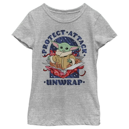 Girl's Star Wars: The Mandalorian Christmas The Child Protect Attack Unwrap Graphic Tee Athletic Heather Medium