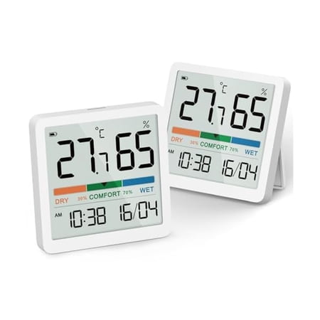 ZLC Indoor Thermometer Hygrometer: Room Temperature Gauge Humidity Monitor for Home, Magnetic, Kickstand, 3.3in Screen, Calibration, Air Comfort Indicator, Time, Date, Spare Battery - 2 Pack