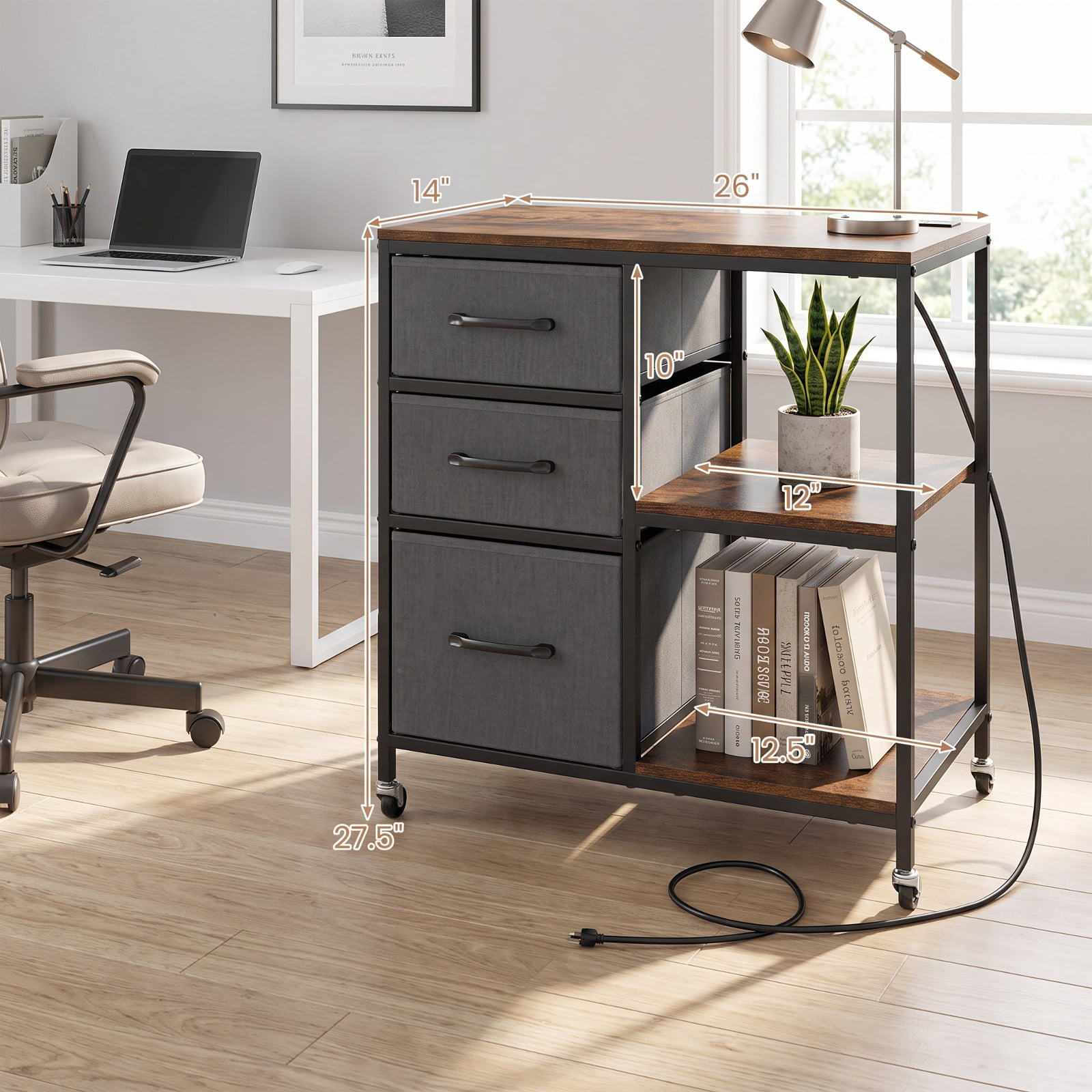 Furnibear 3 Drawer Mobile File Cabinet with Charging Station Rolling Printer Stand with Open Storage Shelves for Home Office Filing Document, Brown