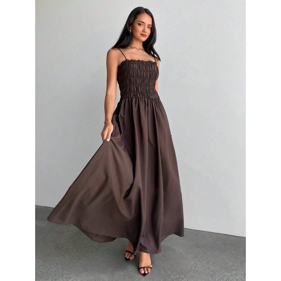 Coffee Womens Ruched Smocked Waist Maxi Dress With Spaghetti Straps