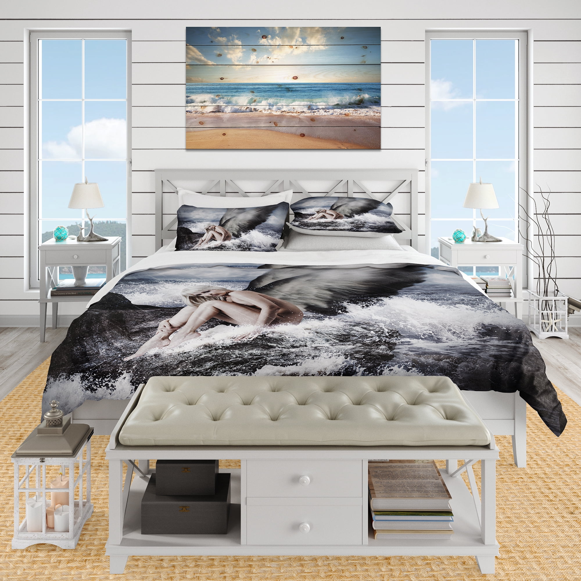 Designart 'Angel Resting By Crashing Waves' Nautical & Coastal Duvet Cover Set