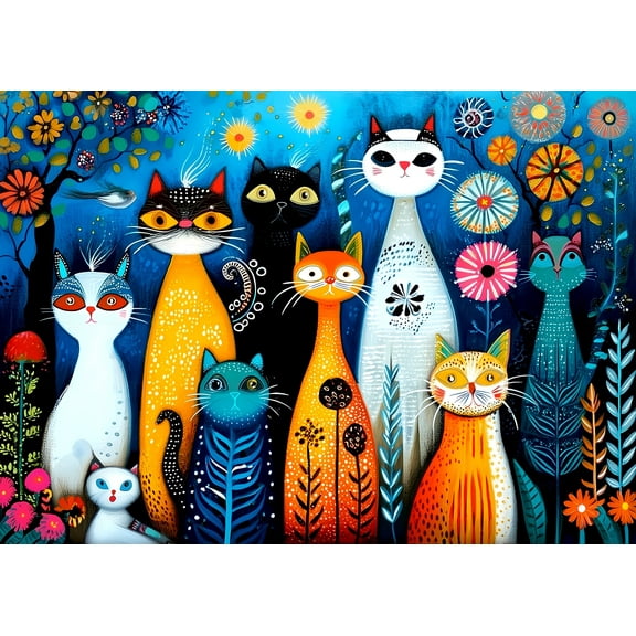 1000 Piece Jigsaw Puzzle for Adults - Whimsical Cats Under Starry Night Sky with Flowers, Large Unique Wall Art for Home Decor (27.5x19.7 Inches)