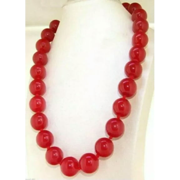 K-KED Handmade 12/14mm Natural Red Jade Gemstone Round Beads Necklace 18" AAA-12 mm