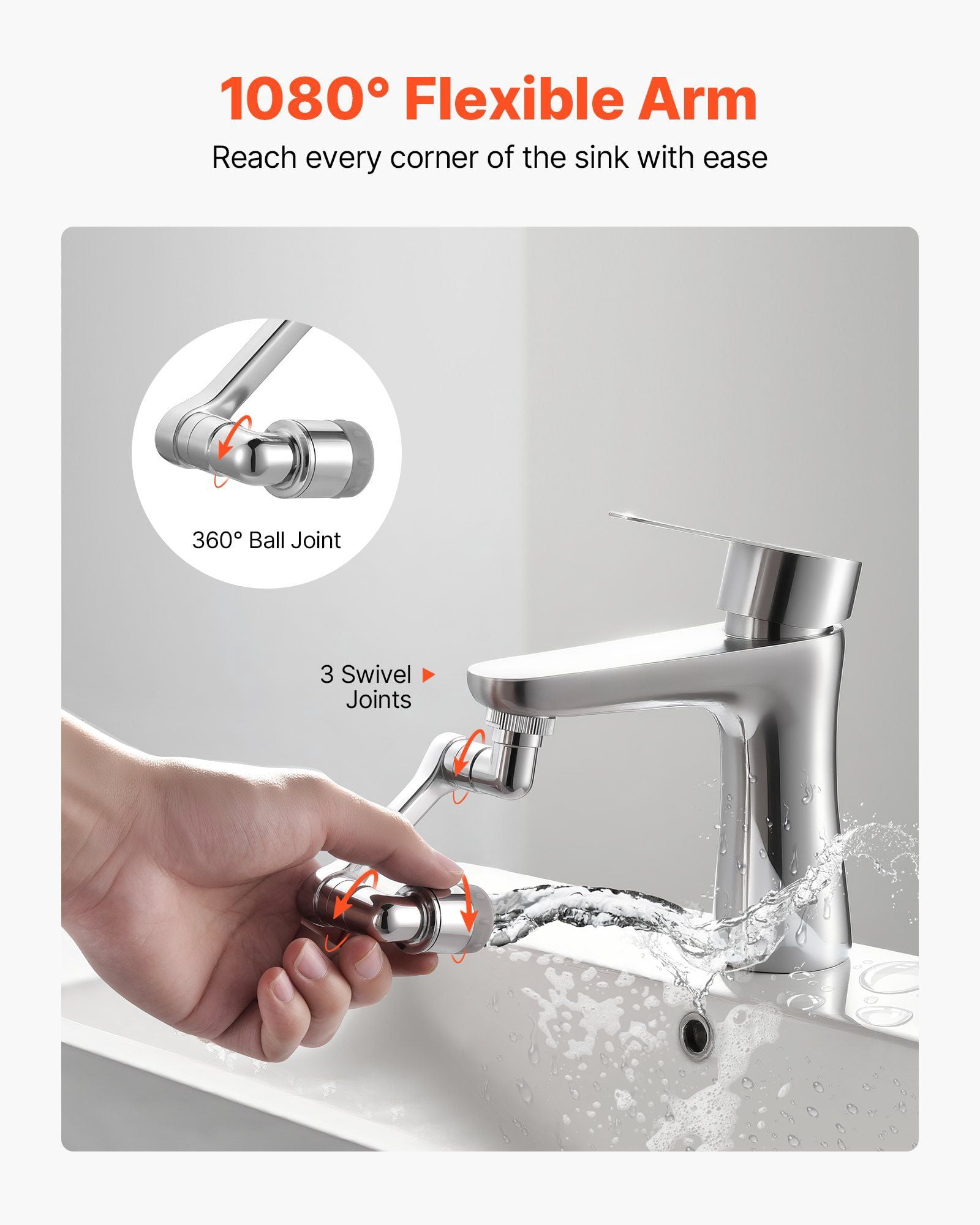 Universal 360° Swivel Faucet Aerator with Extension Arm, Anti-Splash Filter, Easy Install for Kitchen Sink, 2 Spray Modes, Chrome Plated Brass