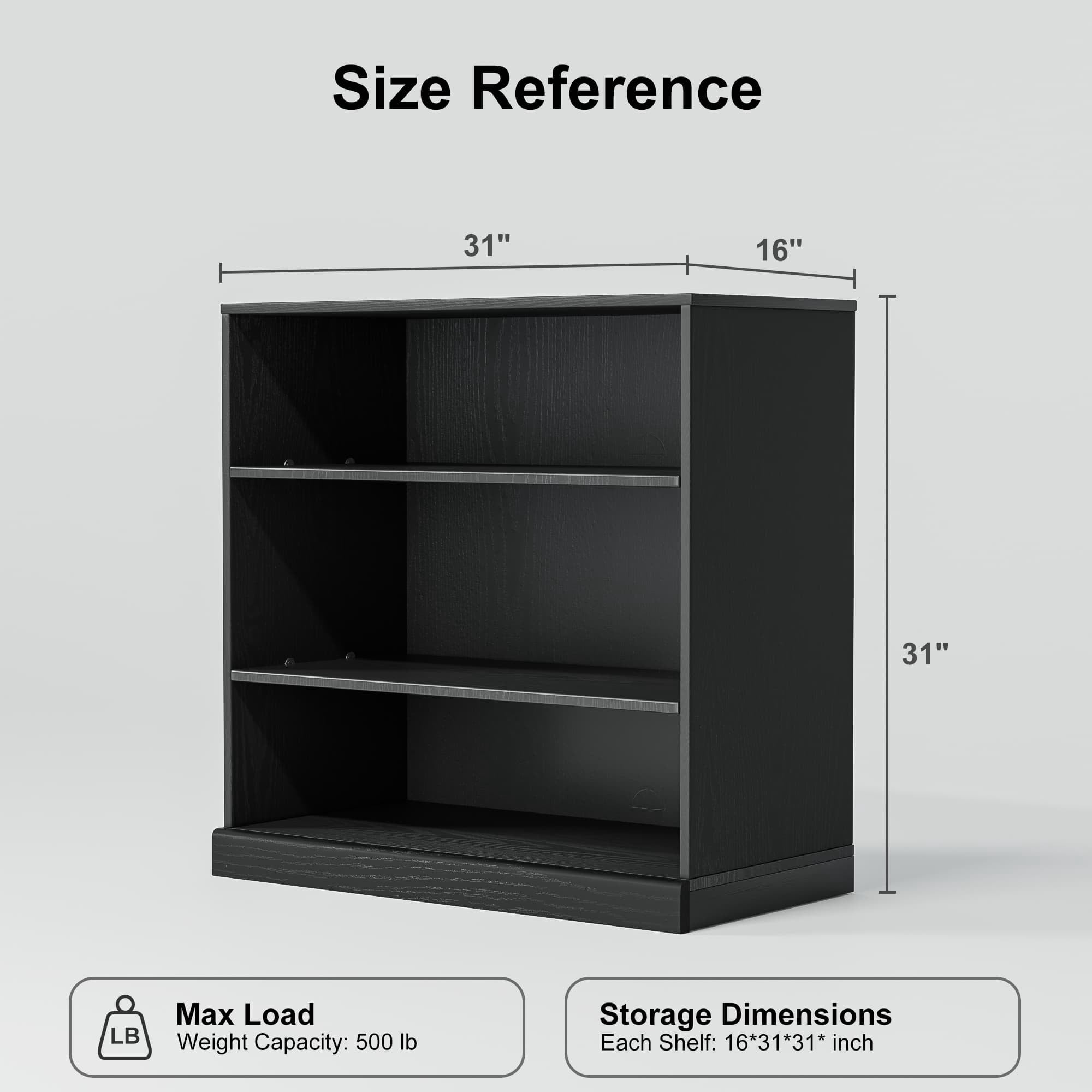 MAYEERTY 3-Shelf 16*31*31"Black Wood Grain Bookcase with Adjustable Shelves, Durable Storage for Home or Office