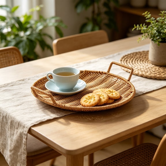 Yhmxh Round Handwoven Rattan Serving Tray with Double Handles, Woven Bread Basket & Fruit Bowl for Kitchen Counter, Stackable Wicker Platter Plastic Rattan Baskets for Fruits, Snacks, Fries, Bread