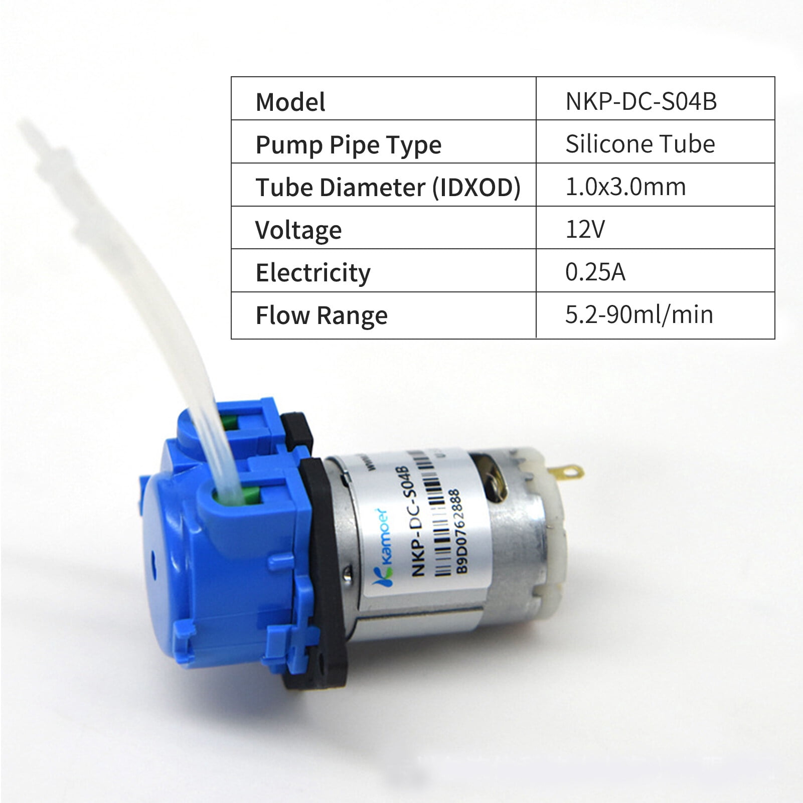 Kamoer Peristaltic Pump Aquarium Liquid Water Pump Flow Adjustable 5.2-90ml/min 12V Dosing Pump for DIY Aquarium Lab Chemical Analysis Dosing Additives 1.0x3.0mm