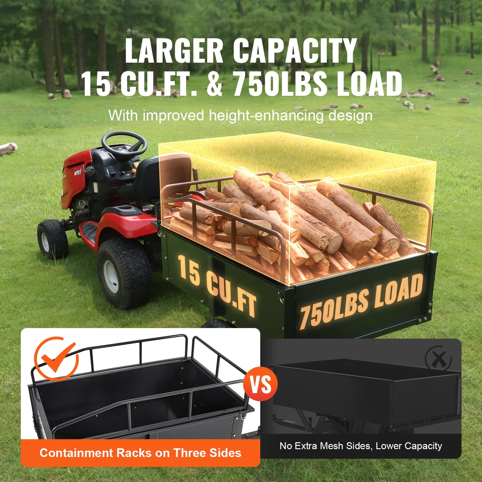 KFFKFF Garden Utility Trailer, 15 Cu.ft & 750 lbs Capacity, Heavy Duty Steel Dump Cart with Detachable Sides for Lawn Mower, Tractor