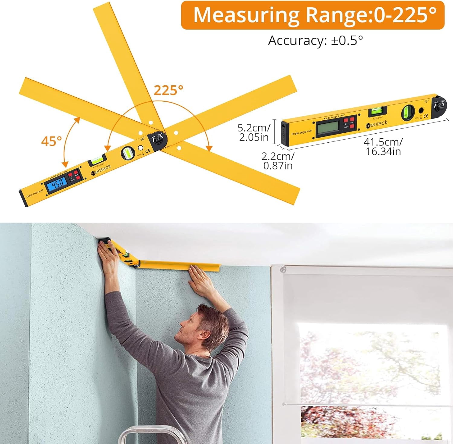 Neoteck 225° 16 inch Digital Angle Finder Aluminum Protractor with LCD Backlight Digital Angle Measuring Tool with Horizontal and Vertical Bubble for Woodworking, Construction, Machinery - Golden