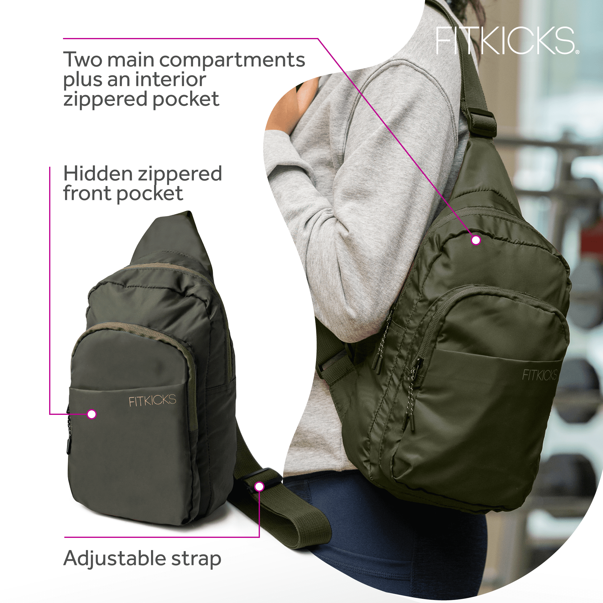 FITKICKS Hideaway Packable Sling Lightweight Crossbody Bag, Green (Unisex)