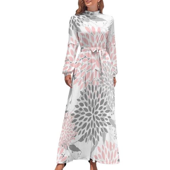 Floral Leaves and Blooms Soft Pink Gray and White Long Dress women's summer dresses 2024 summer clothes