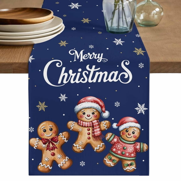 Gingerbread Navy Blue Table Runner 70 Inches, Christmas Winter Snowflake Bed Runner Dresser Scarves Tabletop for Indoor Outdoor Parties/Ceremony/Banquet, 13" x 70"