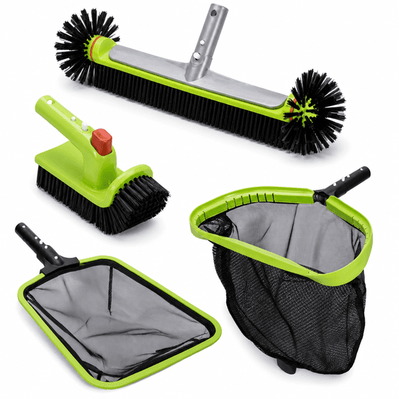 WaterJingle 4-Piece Pool Cleaning Kit, Skimmer Net, Leaf Rake & Brushes