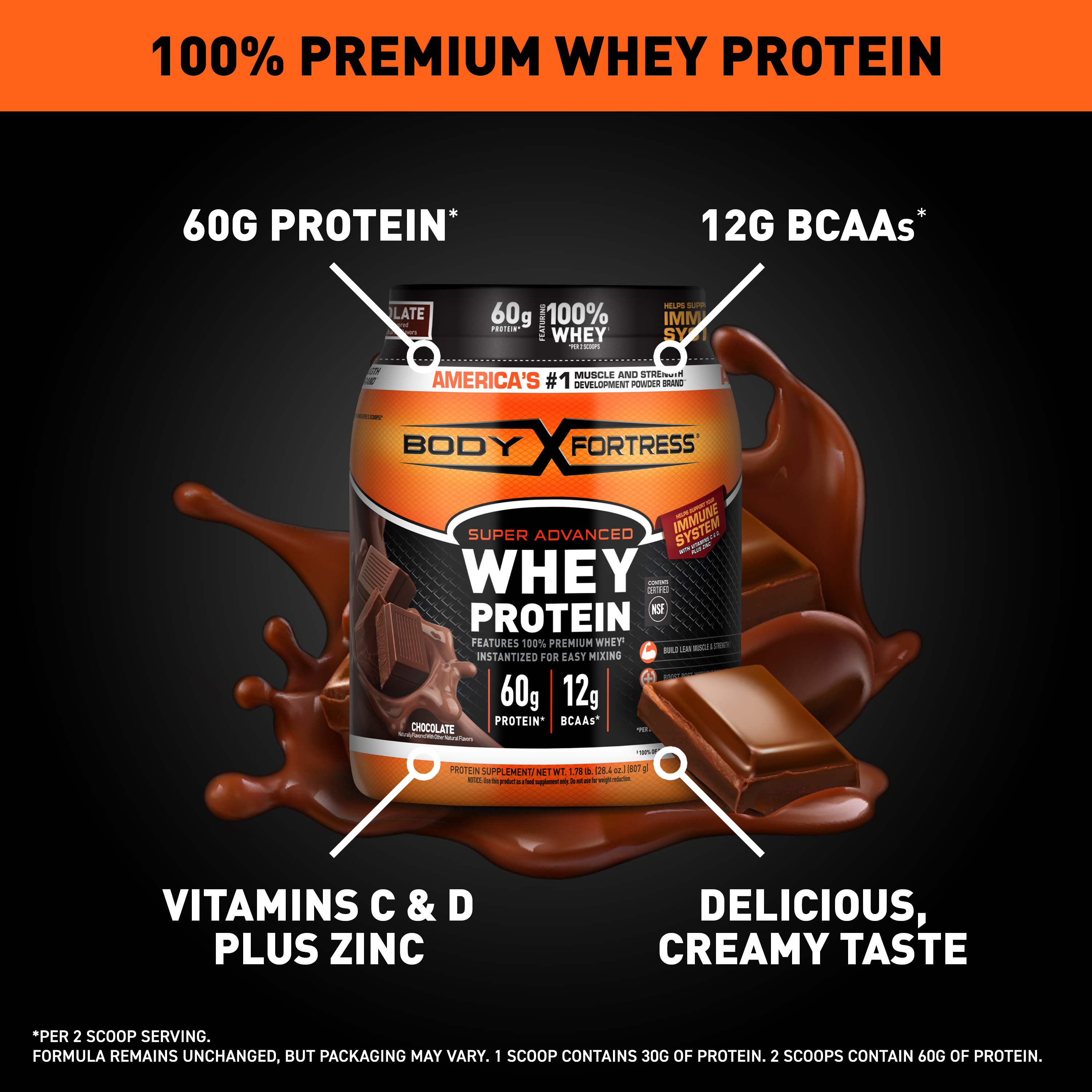 Body Fortress 100% Whey, Premium Protein Powder, Chocolate, 1.78lbs (Packaging May Vary) - image 2 of 7