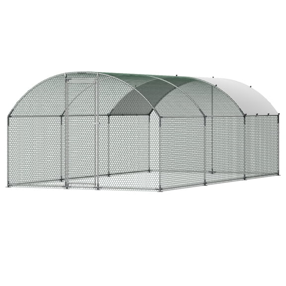 KFFKFF Large Metal Chicken Coop, 9.8 x 19.7 x 6.6 ft, Walk-in Poultry Enclosure with Weatherproof Cover, Dome Roof Animal Pen with Lock, Outdoor Cage for Chickens, Ducks, Rabbits in Backyard or Farm