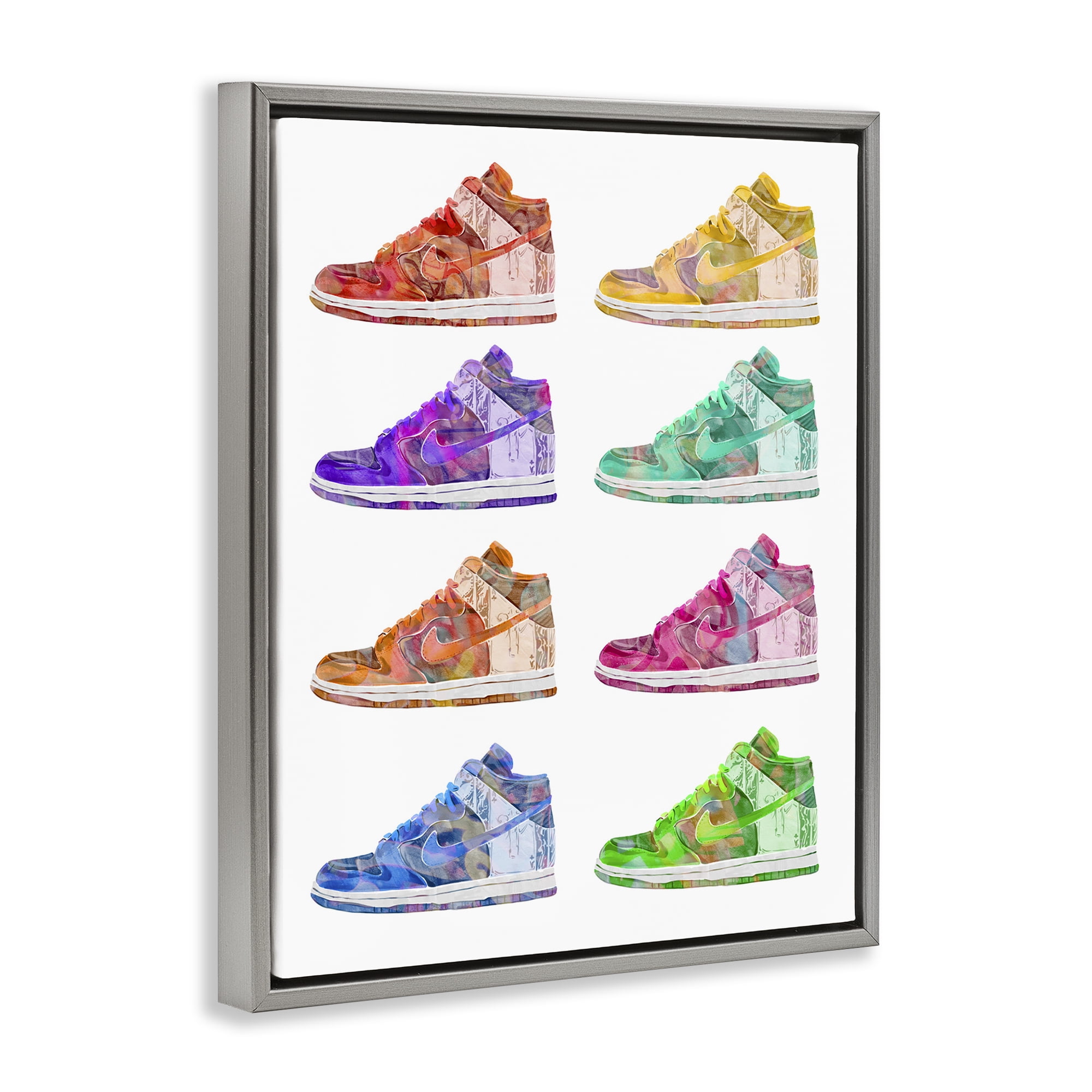 Stupell Industries Bold Rainbow Sneakers Beauty & Fashion Painting Gray Floater Framed Art Print Wall Art, 17 x 21