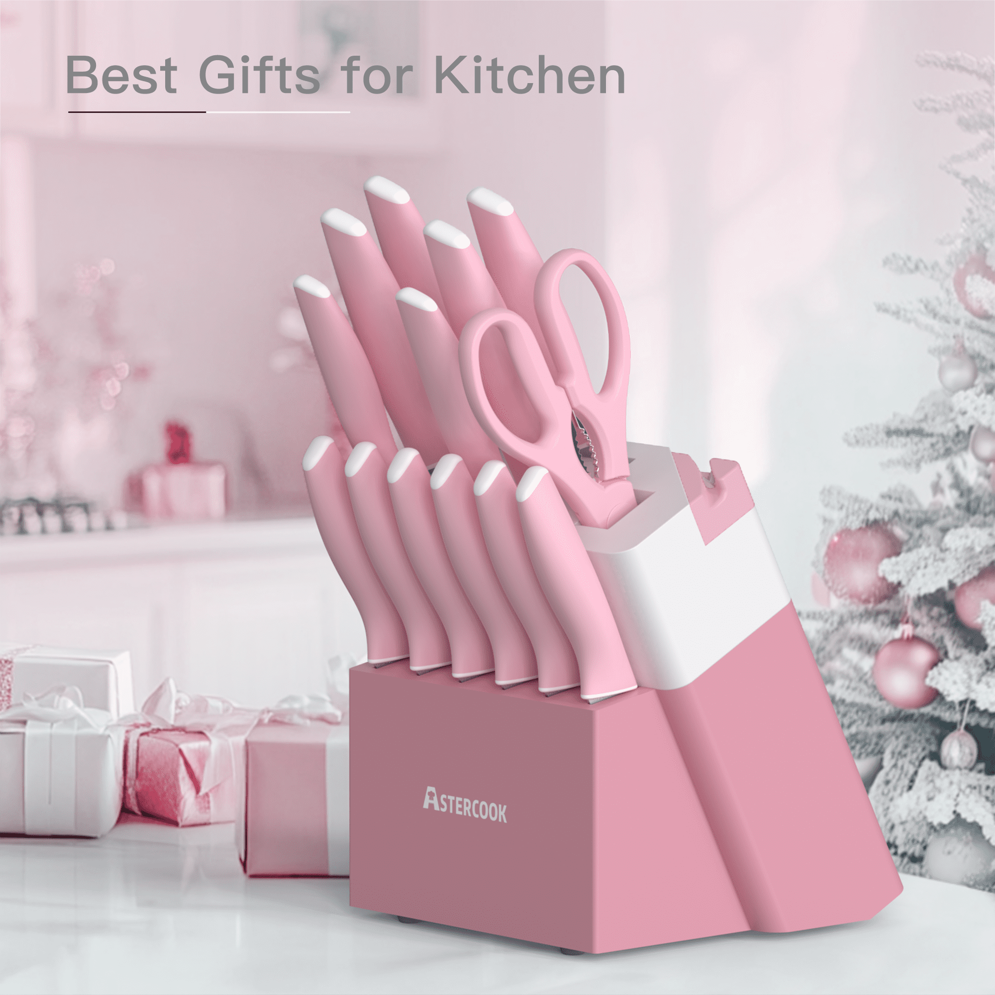 Astercook Knife Set, 14 Pieces Kitchen Knives Set with Healthy Anti-Rust Coating, Stainless Steel Knife Sets with Built-in Sharpener, Sharp & Rust Resistant Dishwasher Safe Pink