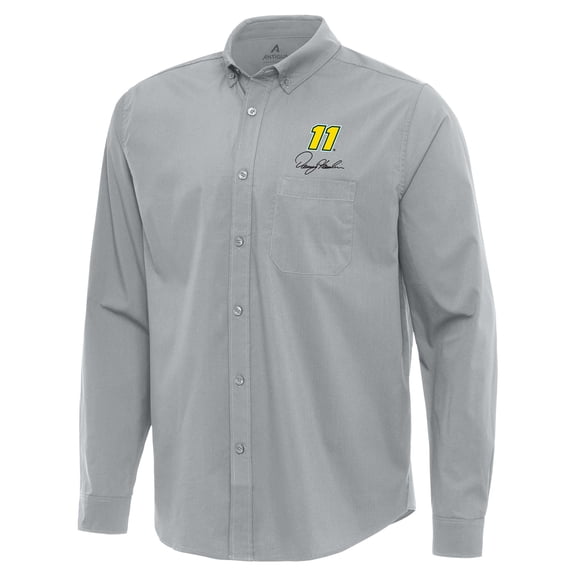 Men's Antigua  Gray Denny Hamlin Flight Woven Tri-Blend Long Sleeve Button-Down Shirt