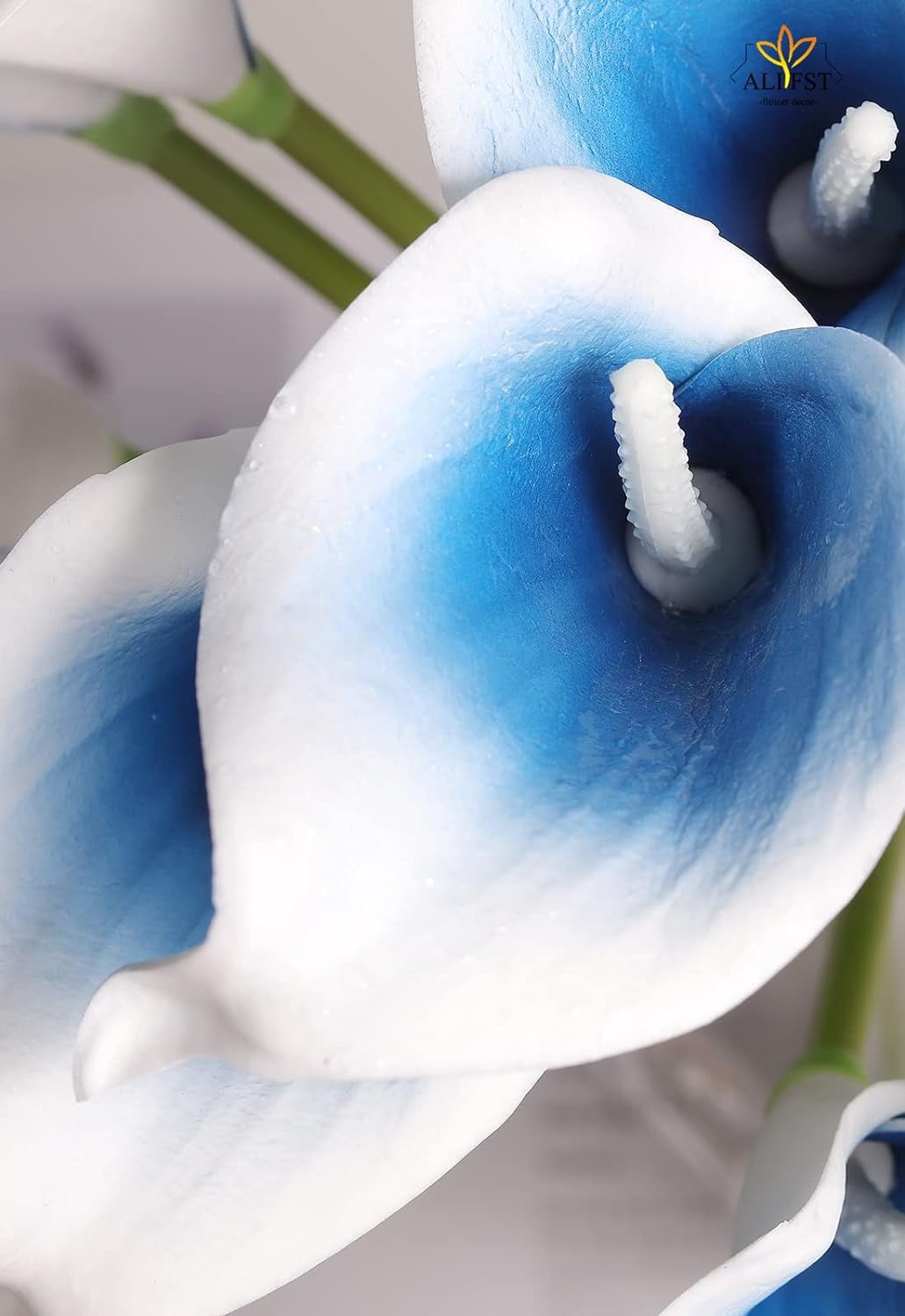 Mini Artificial Calla Lily 10 Stem Bridal Bouquets Artificial Latex Real Touch Flowers for Home Party Decor (Teal Blue White)