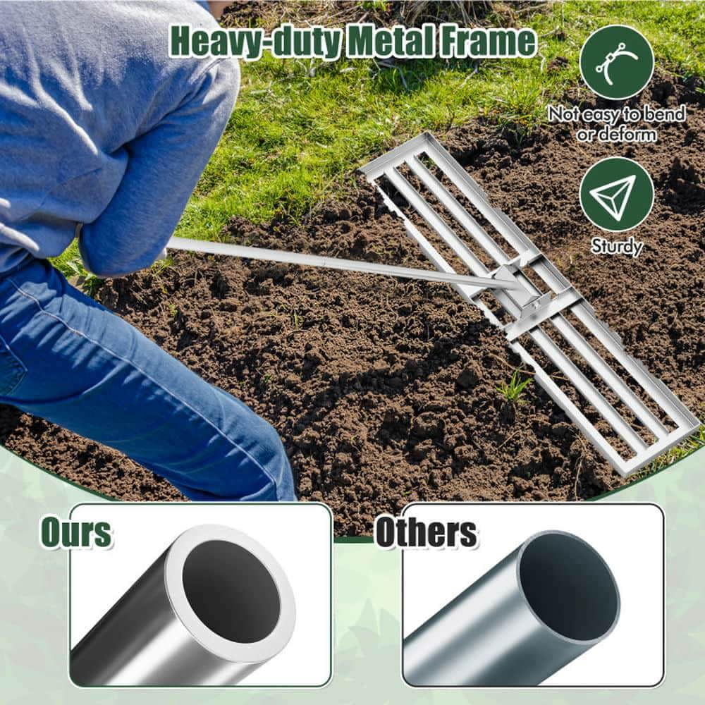 Demifill 46 x 10 Inch Lawn Leveling Rake for Outdoor as Patio, Garden, Backyard, Heavy Duty Lawn Level Tool for Soil, Silver
